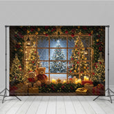 Aperturee - Aperturee Cozy Christmas Window Photography Backdrop Teddy Bears and Trees with a Snowy View Holiday Photo Background
